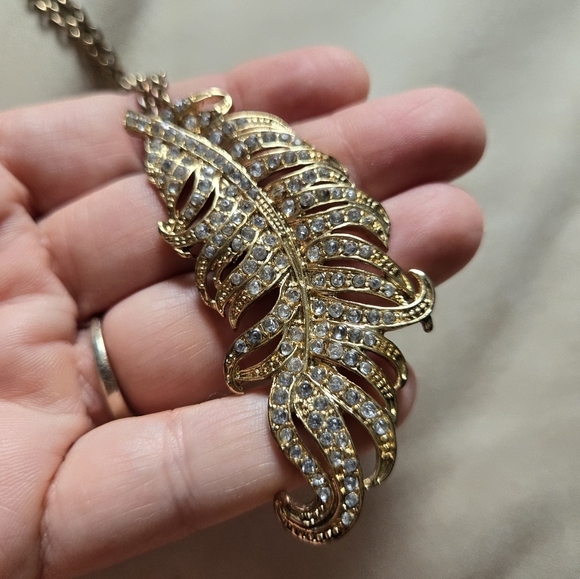 Leaf or Feather Necklace Rhinestones Gold Tone Chain Long Fall Fashion Jewelry - Picture 2 of 15
